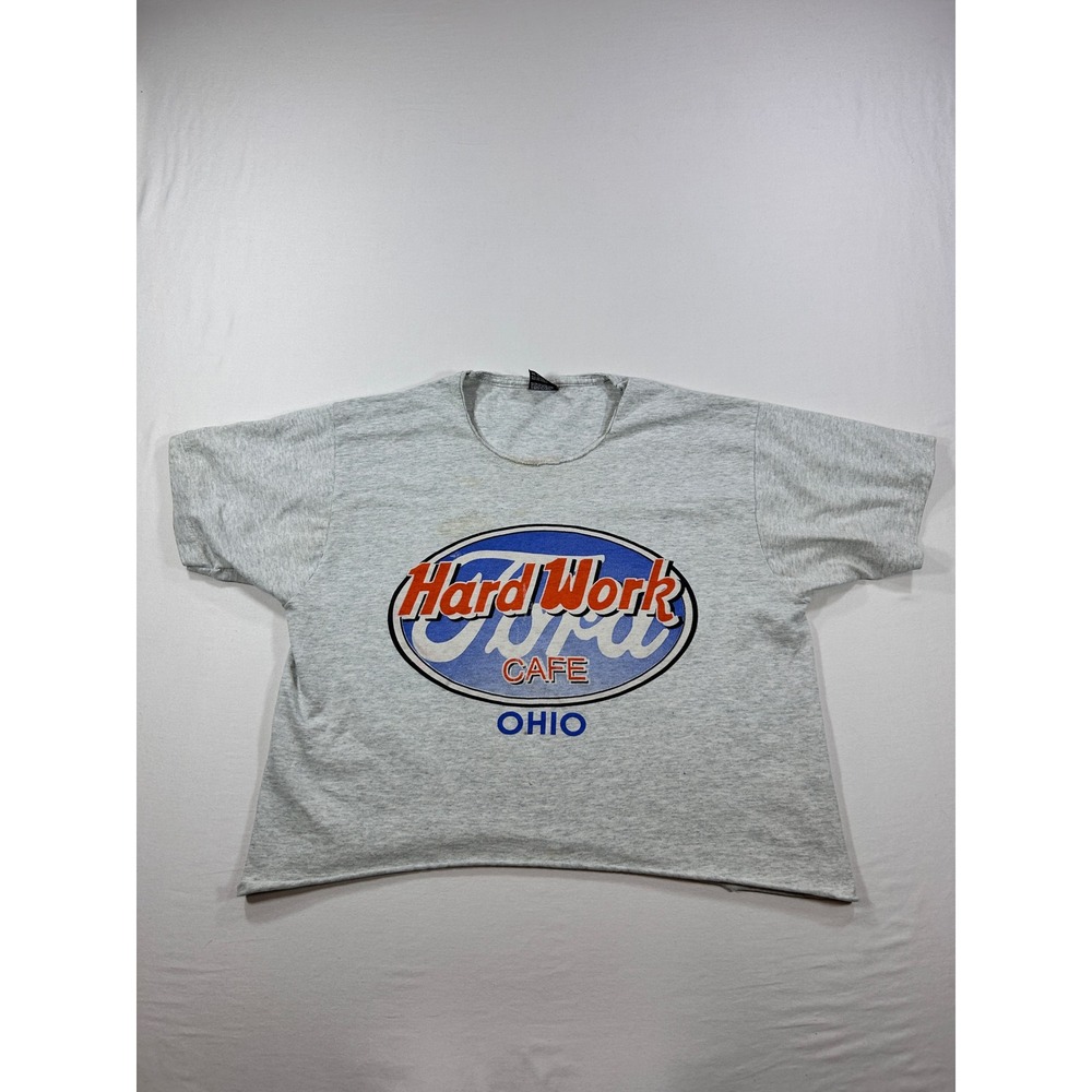 Vintage Hard Work Ford Cafe Ohio T-Shirt Fruit of the Loom Best Gray Cropped L